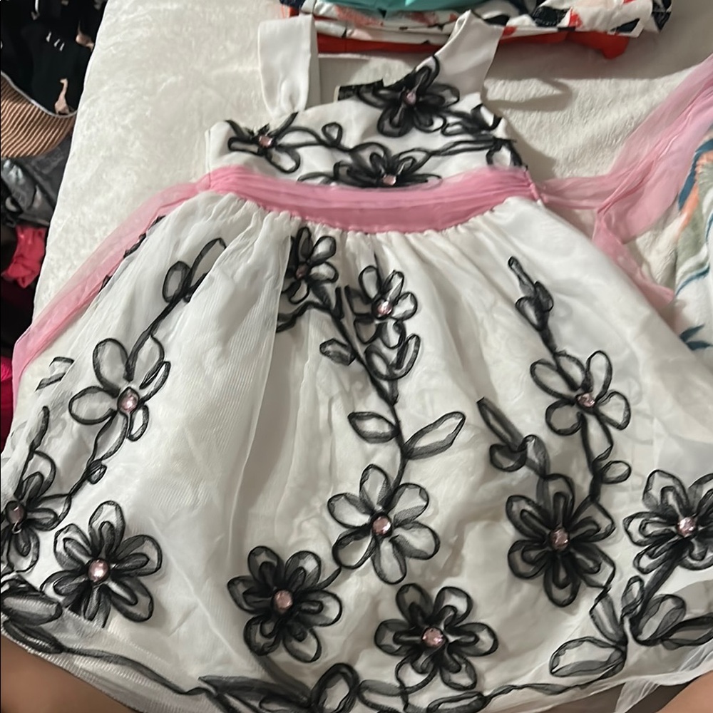 Rare Editions White Dress with Black Floral Detail